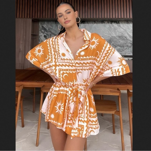Commense Pants - Commense Orange Patterned Oversized Women's Romper